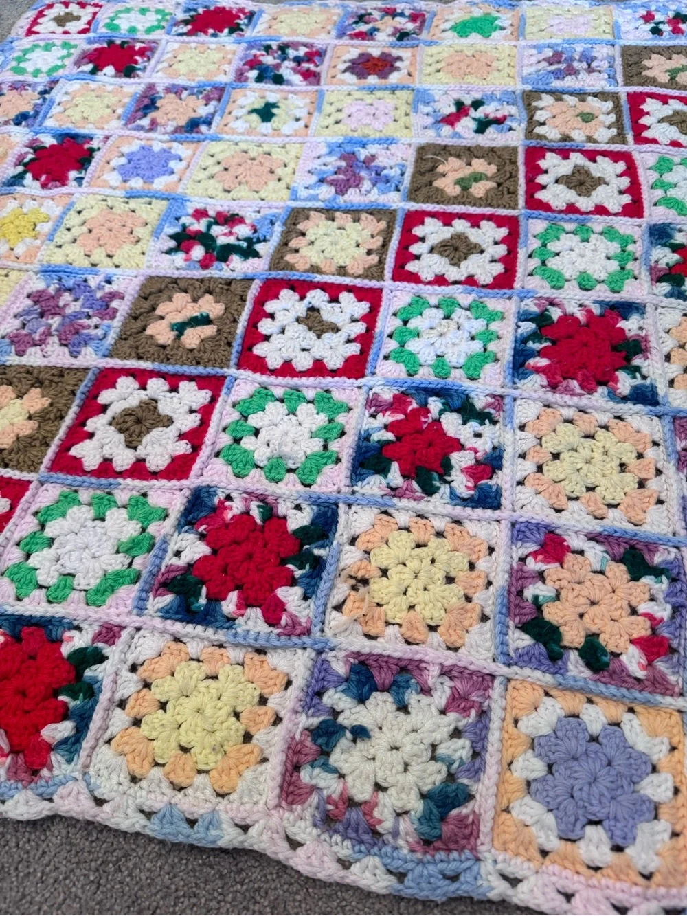 Vtg Handmade Granny Square Afghan Blanket Floral Multicolor Crochet Throw 52x40”